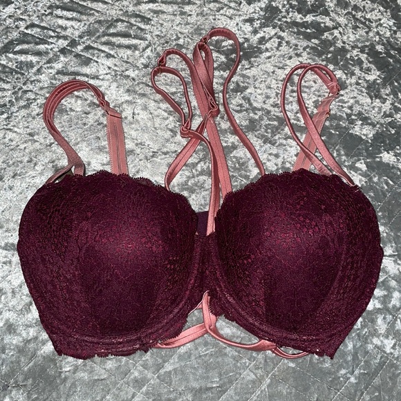 Victoria Secret Pink Maroon and Pink Lace Date Night Push Up Bra - Size 34DD. - Picture 1 of 6